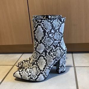 Snake print pointed toe chunky block heeled booties. Worn once. Comfy to walk in